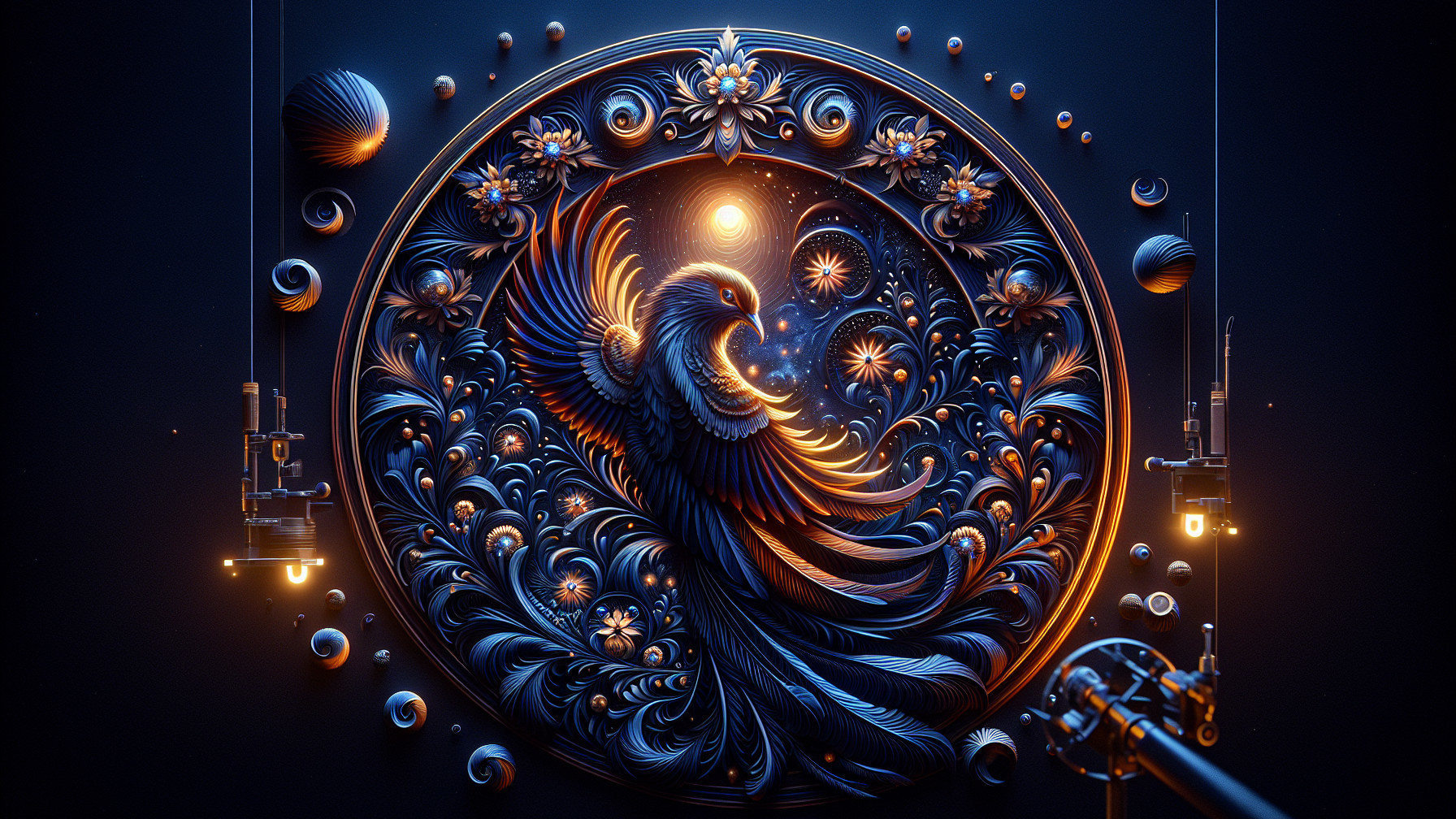 Intricate Circular Motif of a Phoenix and Floral Patterns