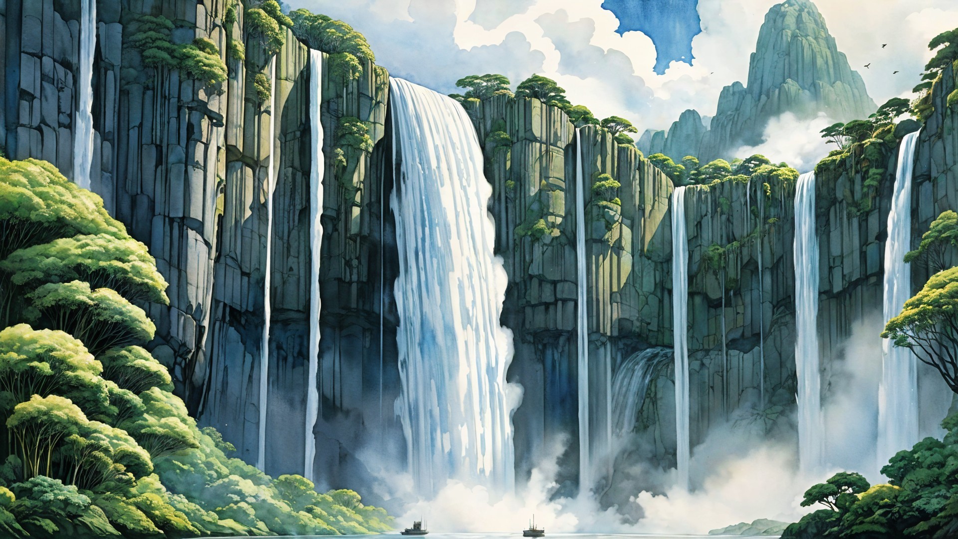 Majestic Waterfalls and Lush Greenery Landscape