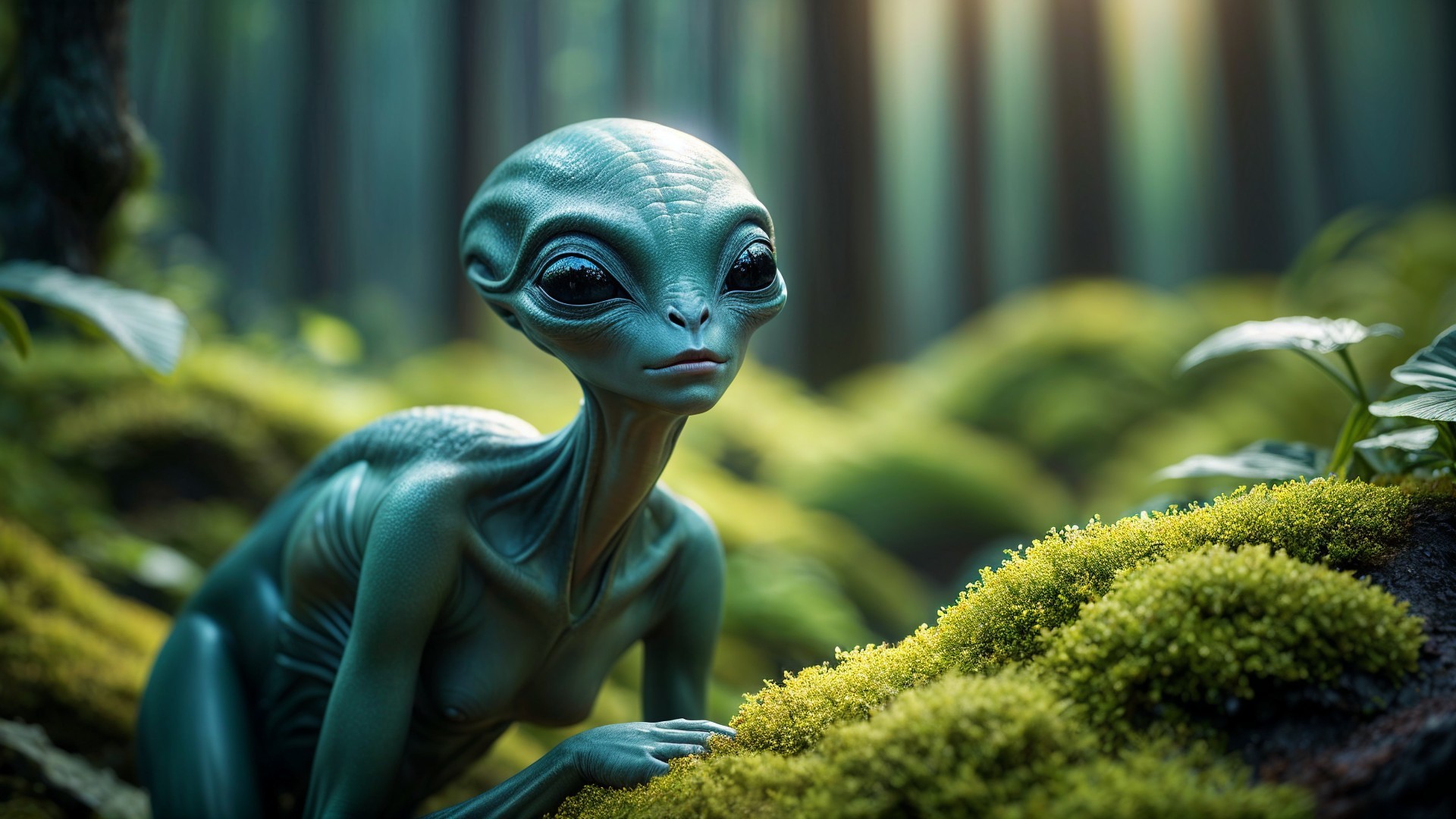 Alien Figure in Mystical Forest with Vibrant Foliage