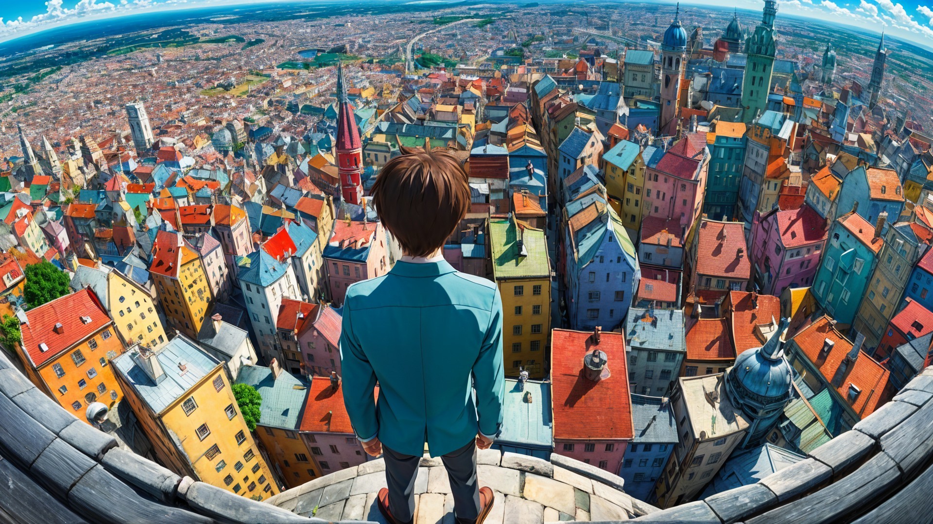 Young Person Overlooking Colorful Cityscape and Hills