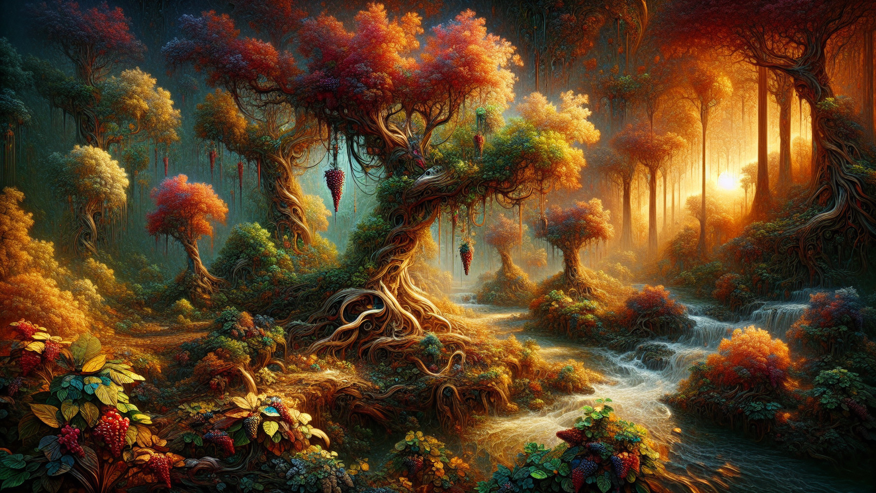 Vibrant Forest Scene with Colorful Foliage and Streams