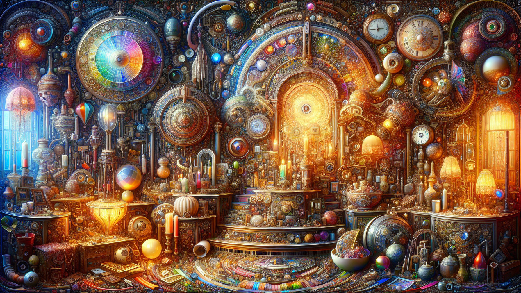 Steampunk Room with Gears, Clocks, and Glowing Orbs