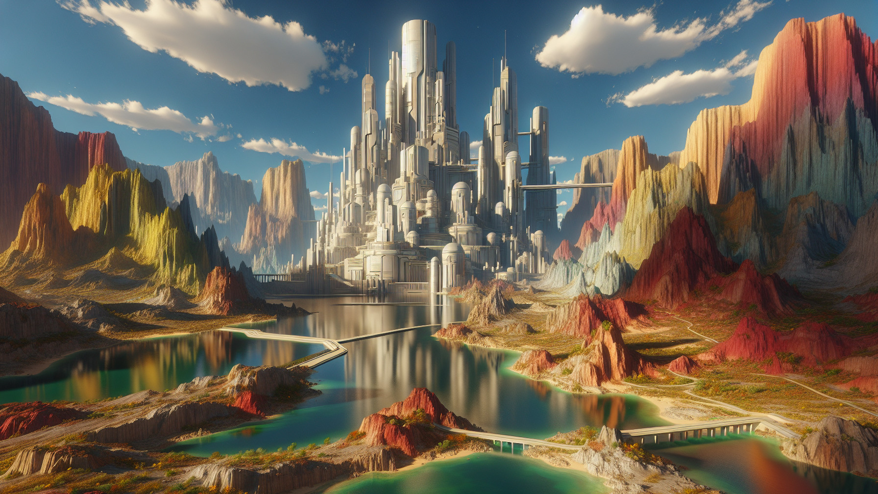 Futuristic cityscape with vibrant mountains and lake
