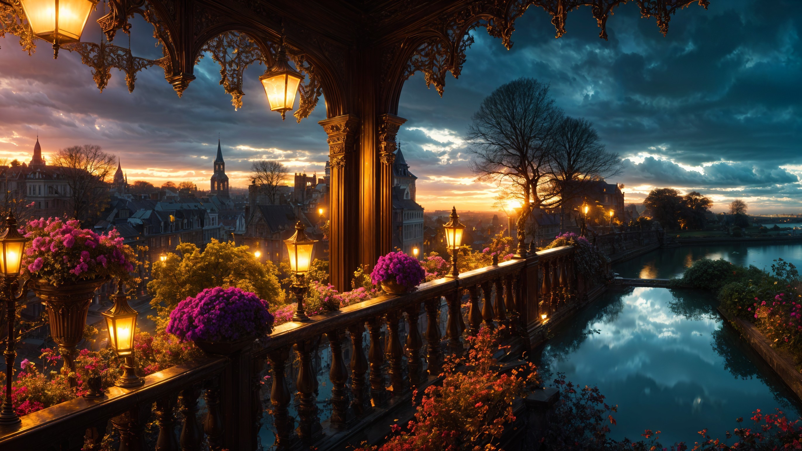 Ornate Balcony View of Sunset and City Skyline