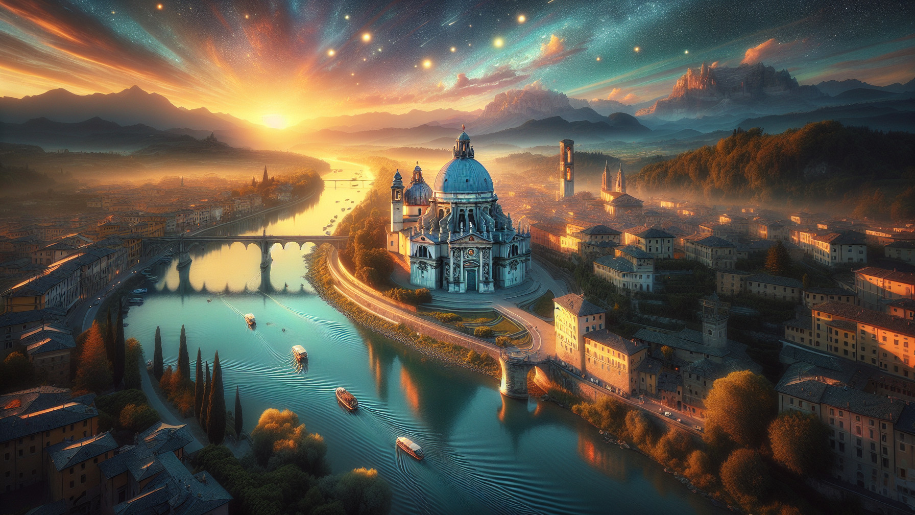 Aerial View of a City at Sunrise with Scenic Landscape