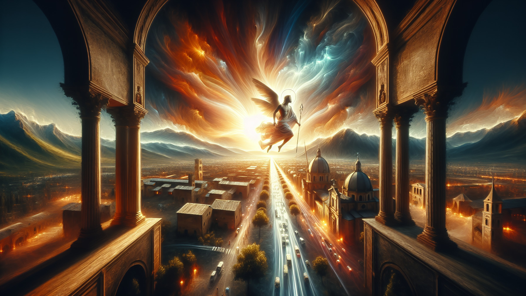 Vibrant cityscape under a cosmic sky with arches