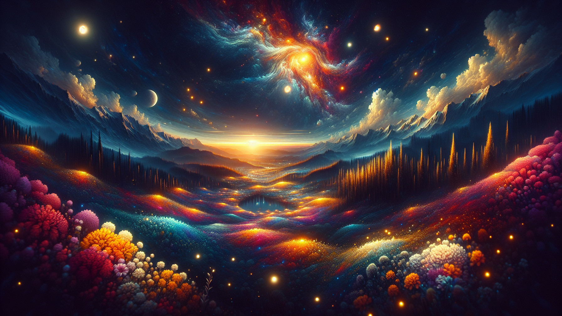 Vibrant Sunset Over Cosmic Landscape and Rolling Hills