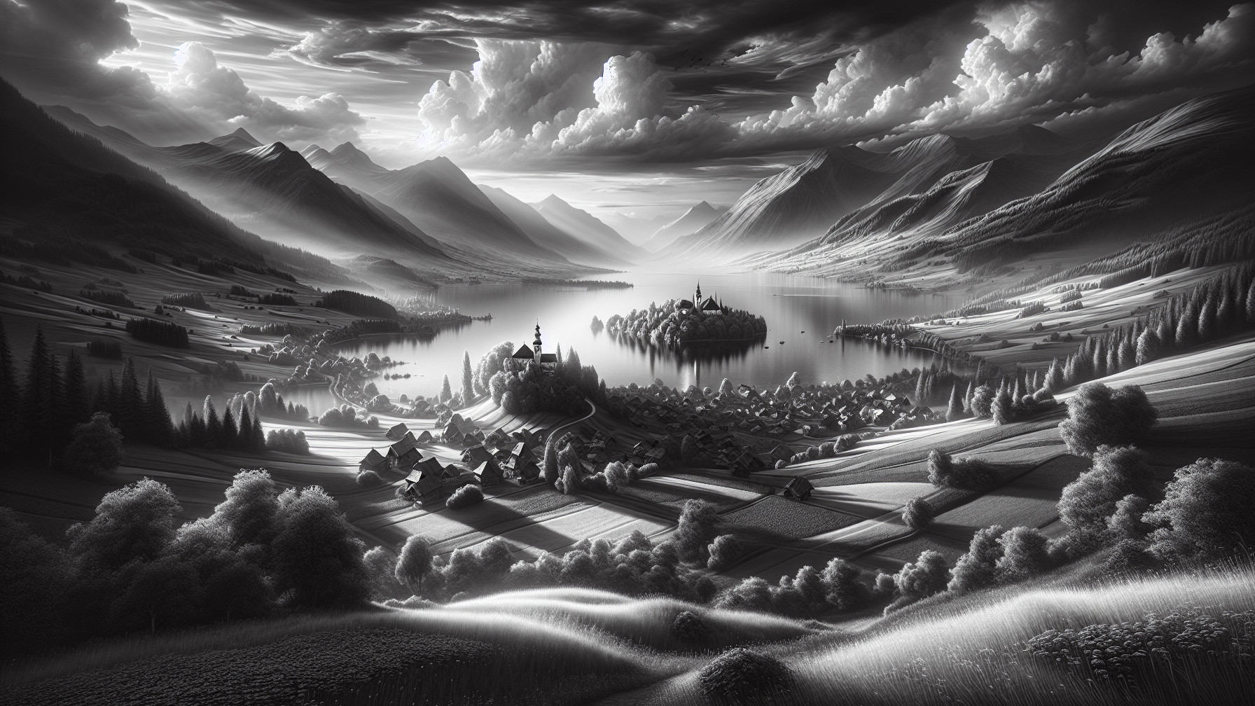 Black-and-white landscape of a serene lake and mountains