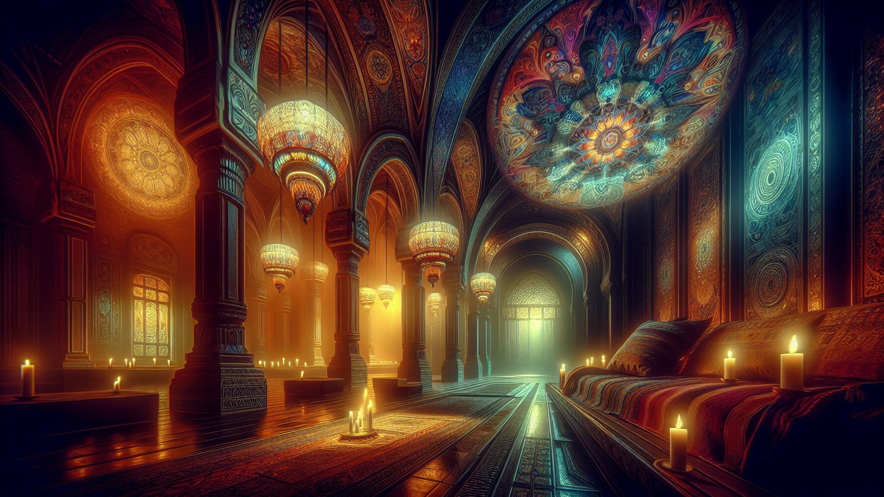 Opulent Dimly Lit Room with Intricate Architecture