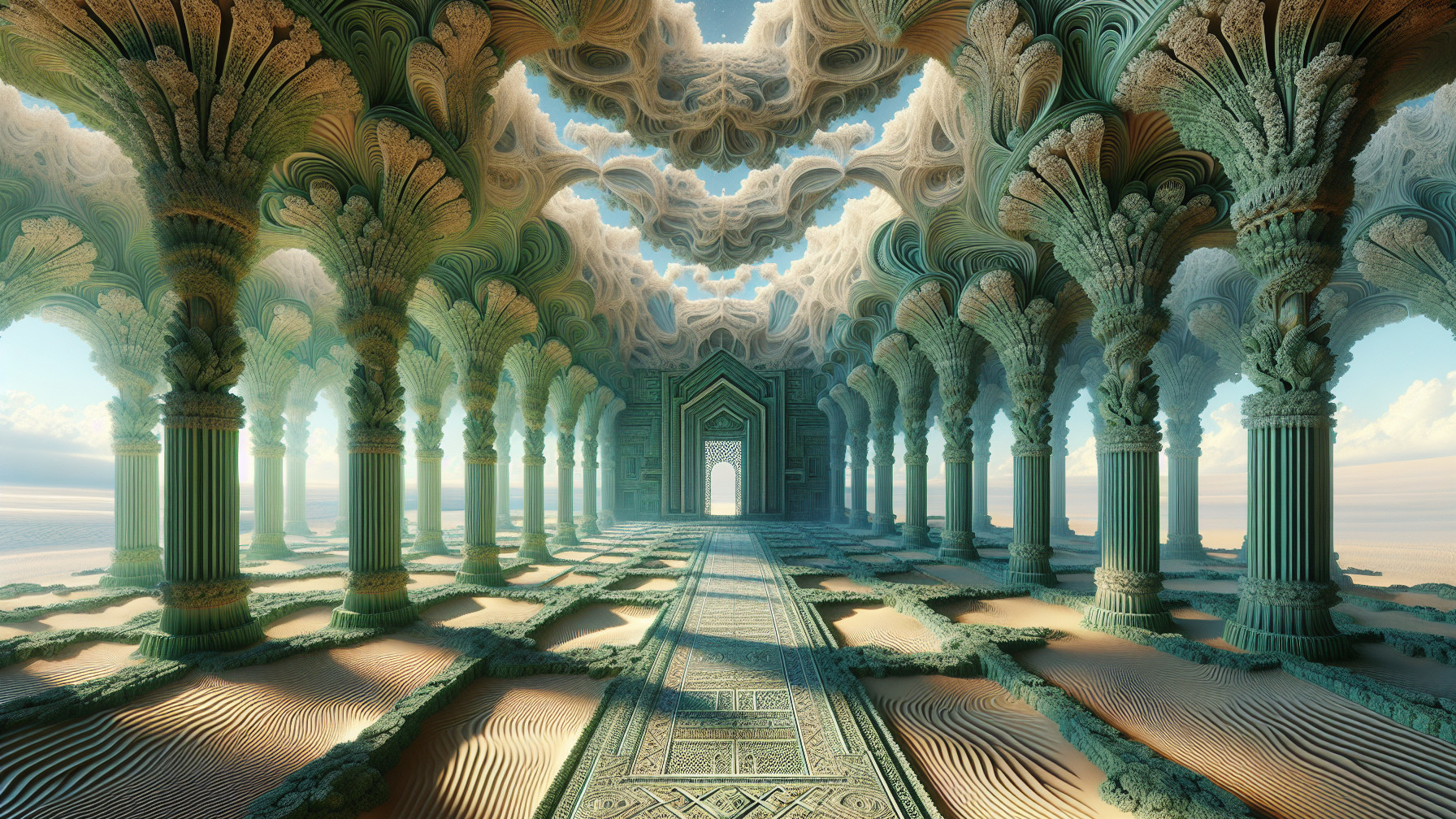 Surreal Architectural Space with Ornate Columns and Patterns