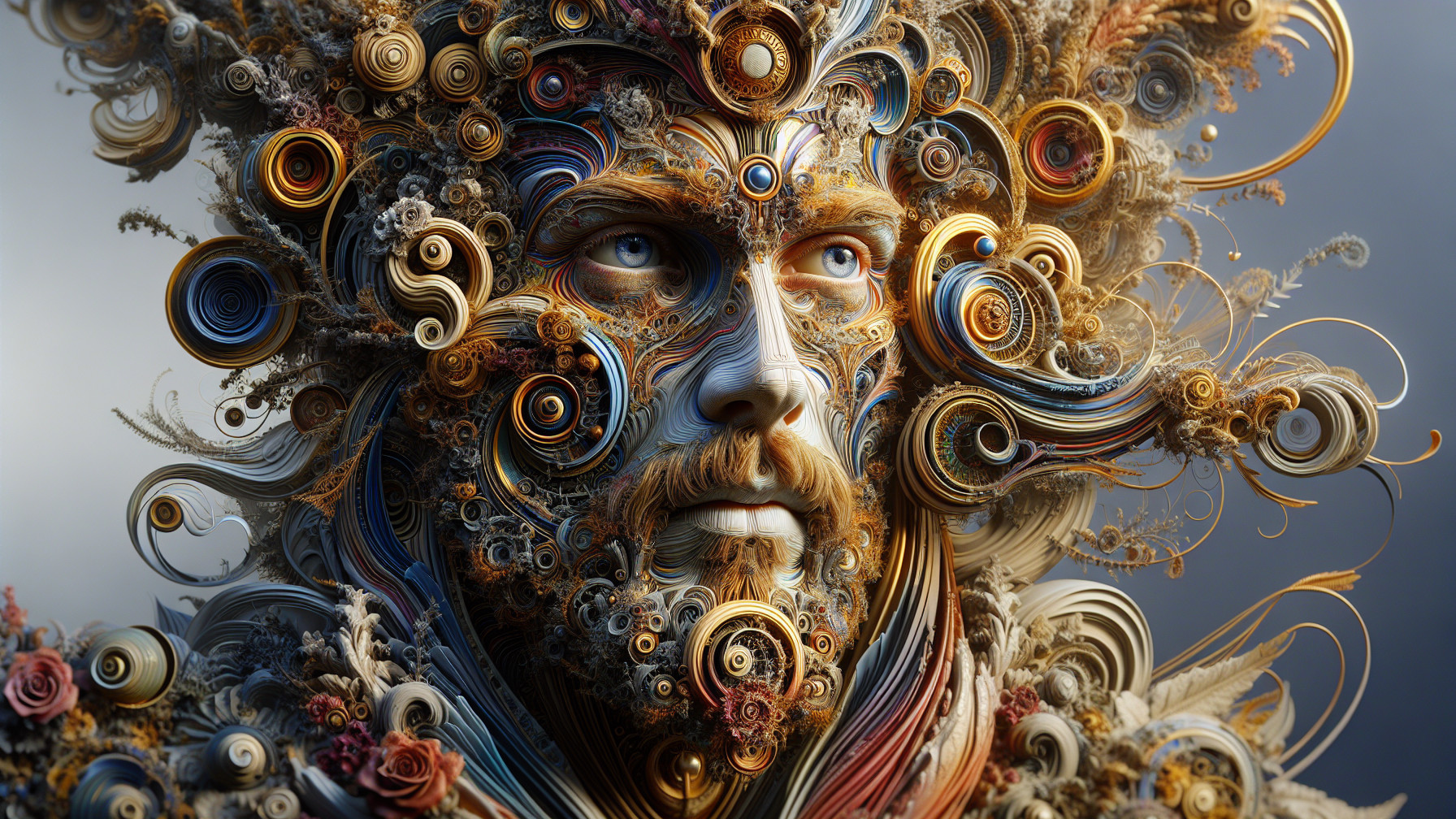 Intricate Human Face with Swirling Patterns and Colors