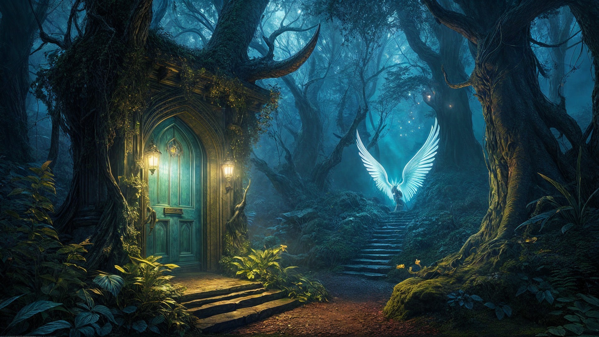 Mystical Forest with Enchanted Wooden Door and Lanterns