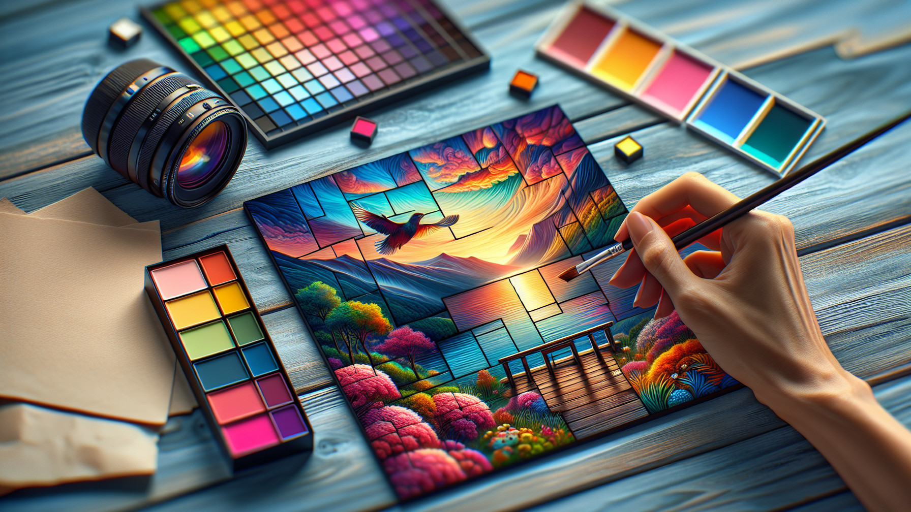 Vibrant Landscape Art Creation with Tools and Nature