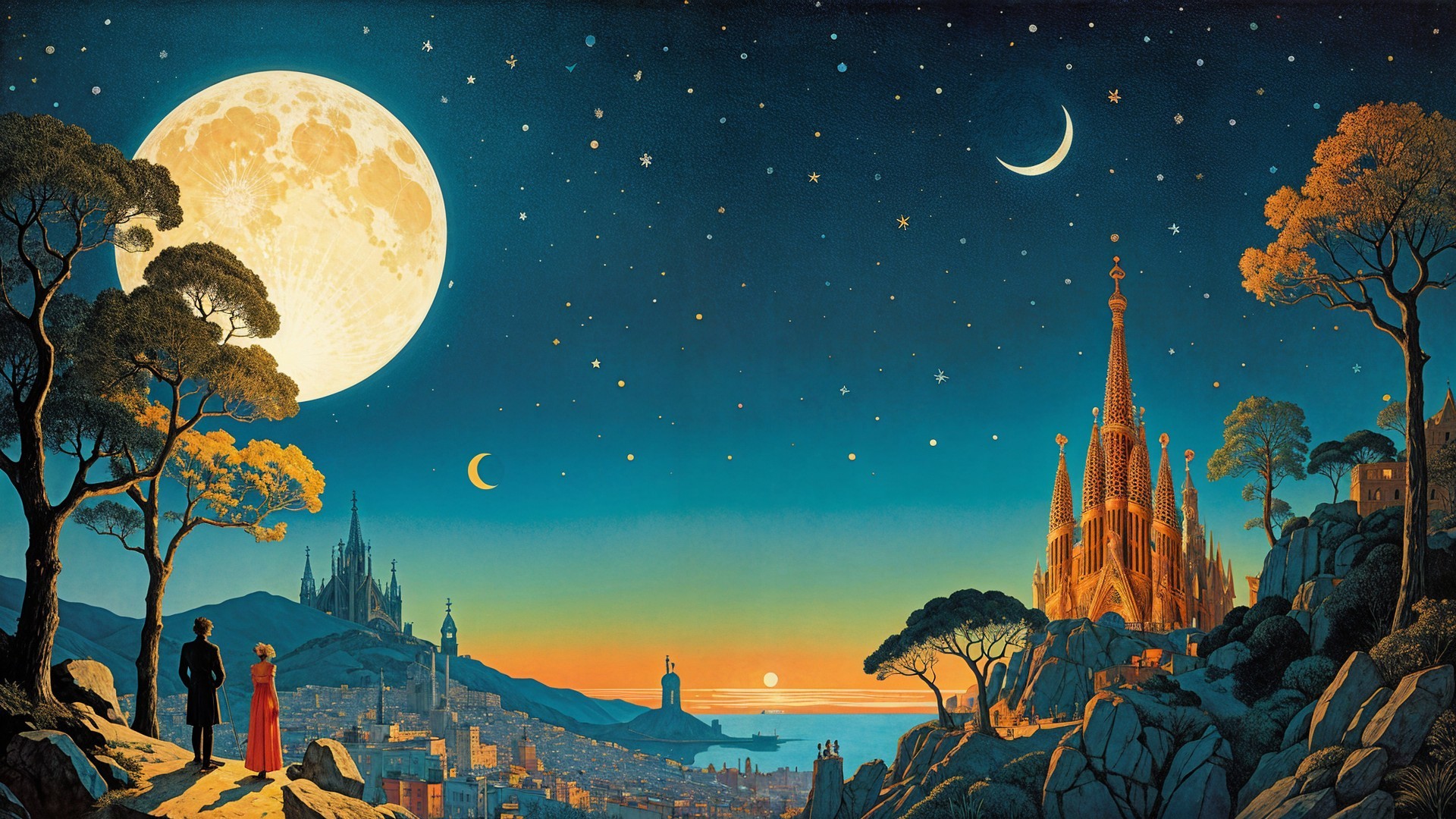 Dreamy Night Landscape with Moons and Cityscape
