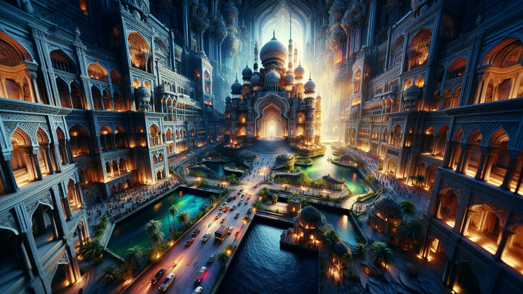 Fantastical Cityscape with Grand Architecture and Gardens