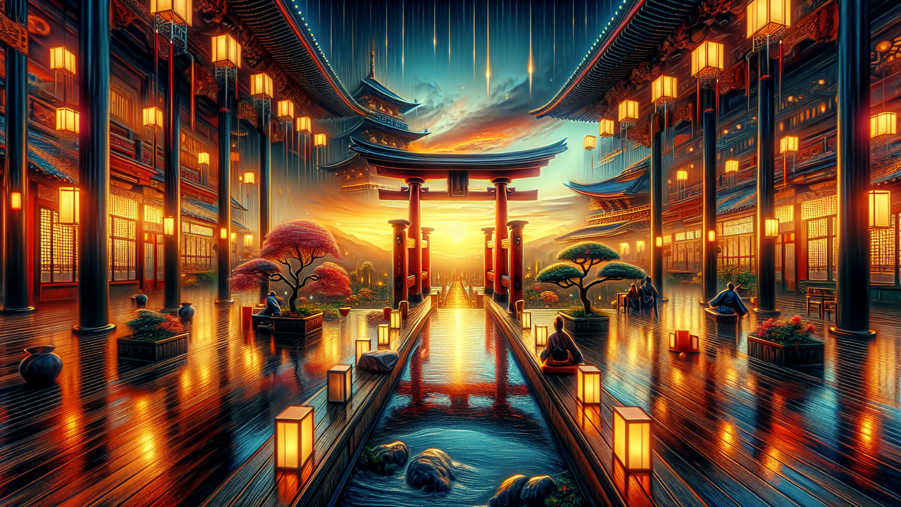 Twilight Scene in an Ornate Asian Courtyard