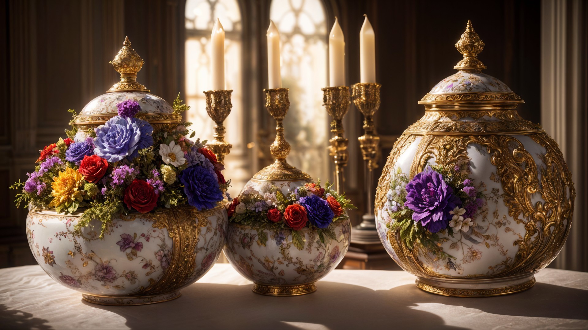 Intricately Designed Ceramic Vases with Floral Arrangements
