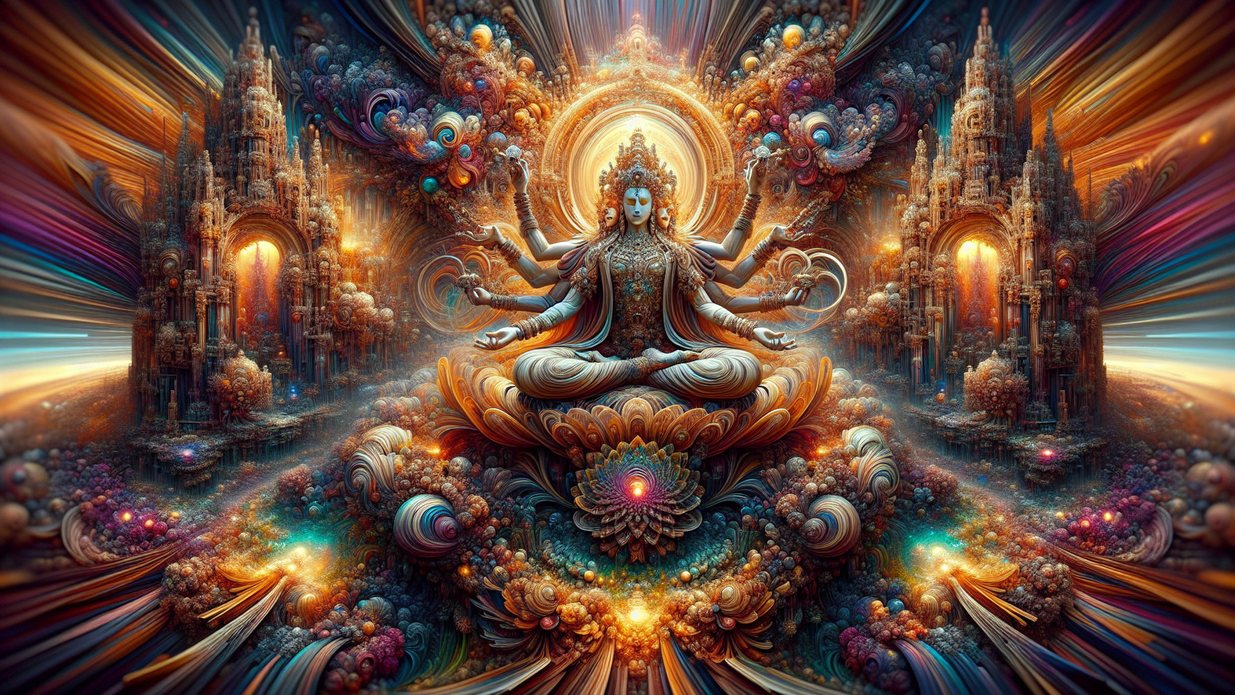 Multi-Armed Deity on Lotus in Cosmic Landscape