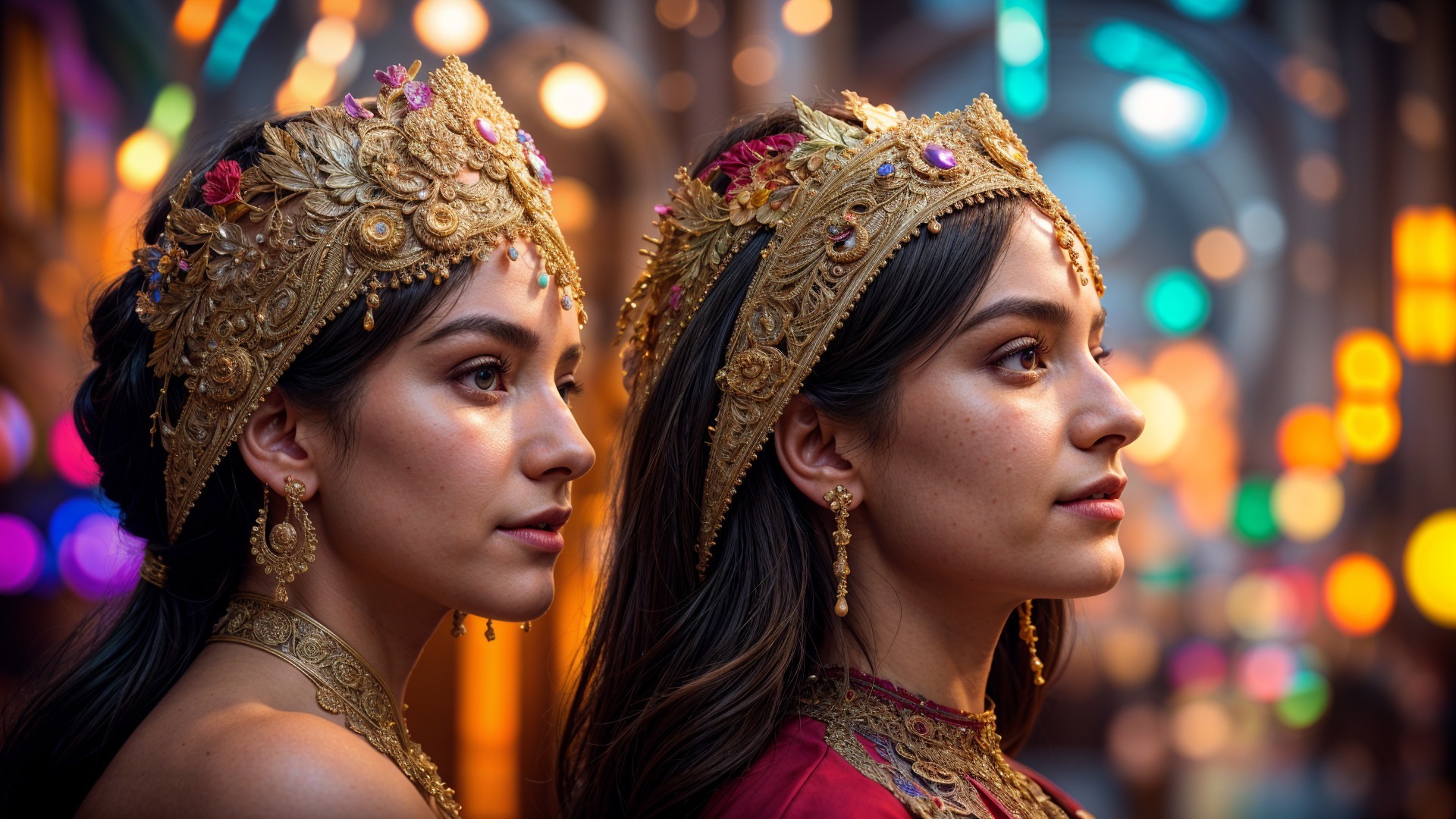 Profile of Women in Golden Headpieces and Attire