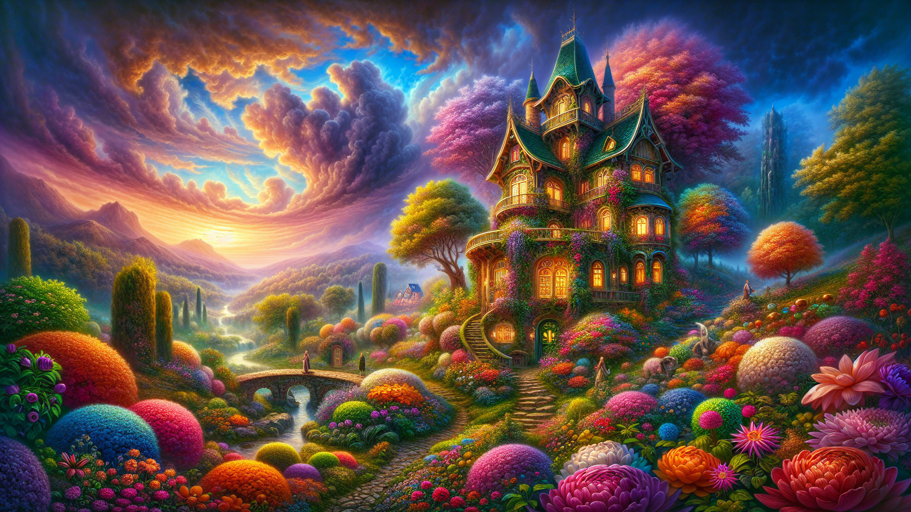 Vibrant Dreamlike Landscape with Whimsical Mansion