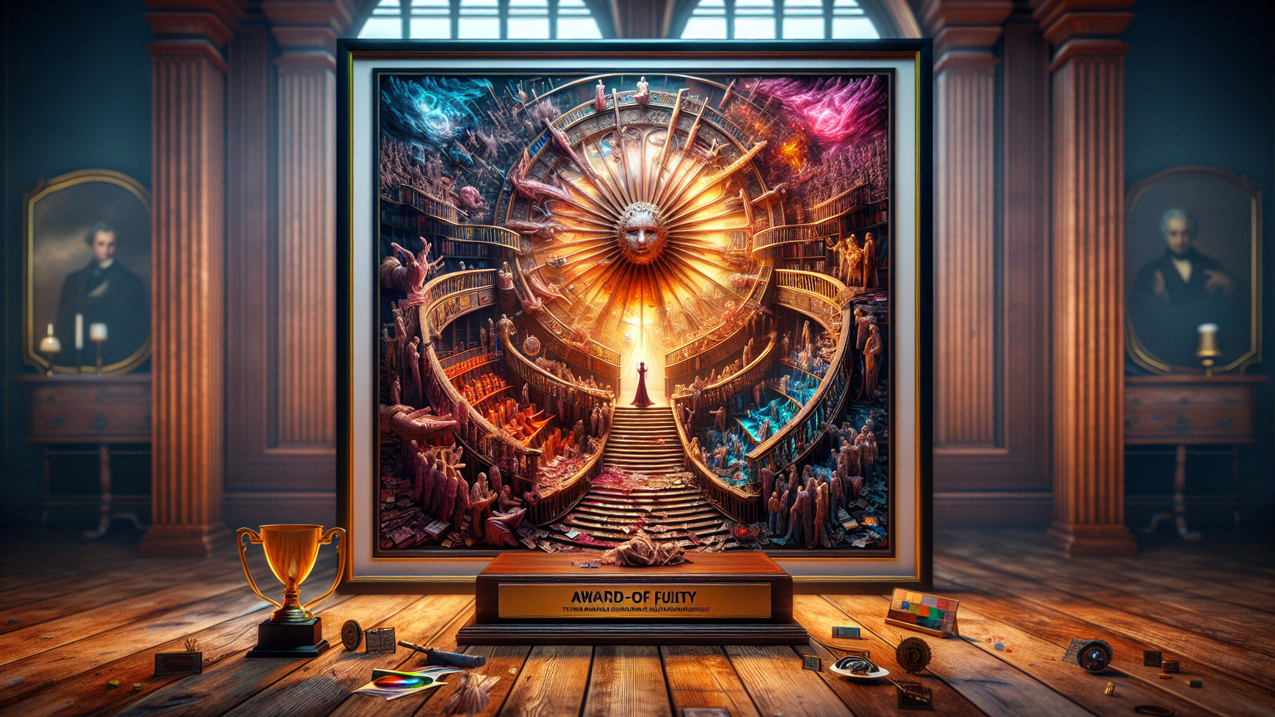 Intricate Frame with Vibrant Surreal Scene and Elements