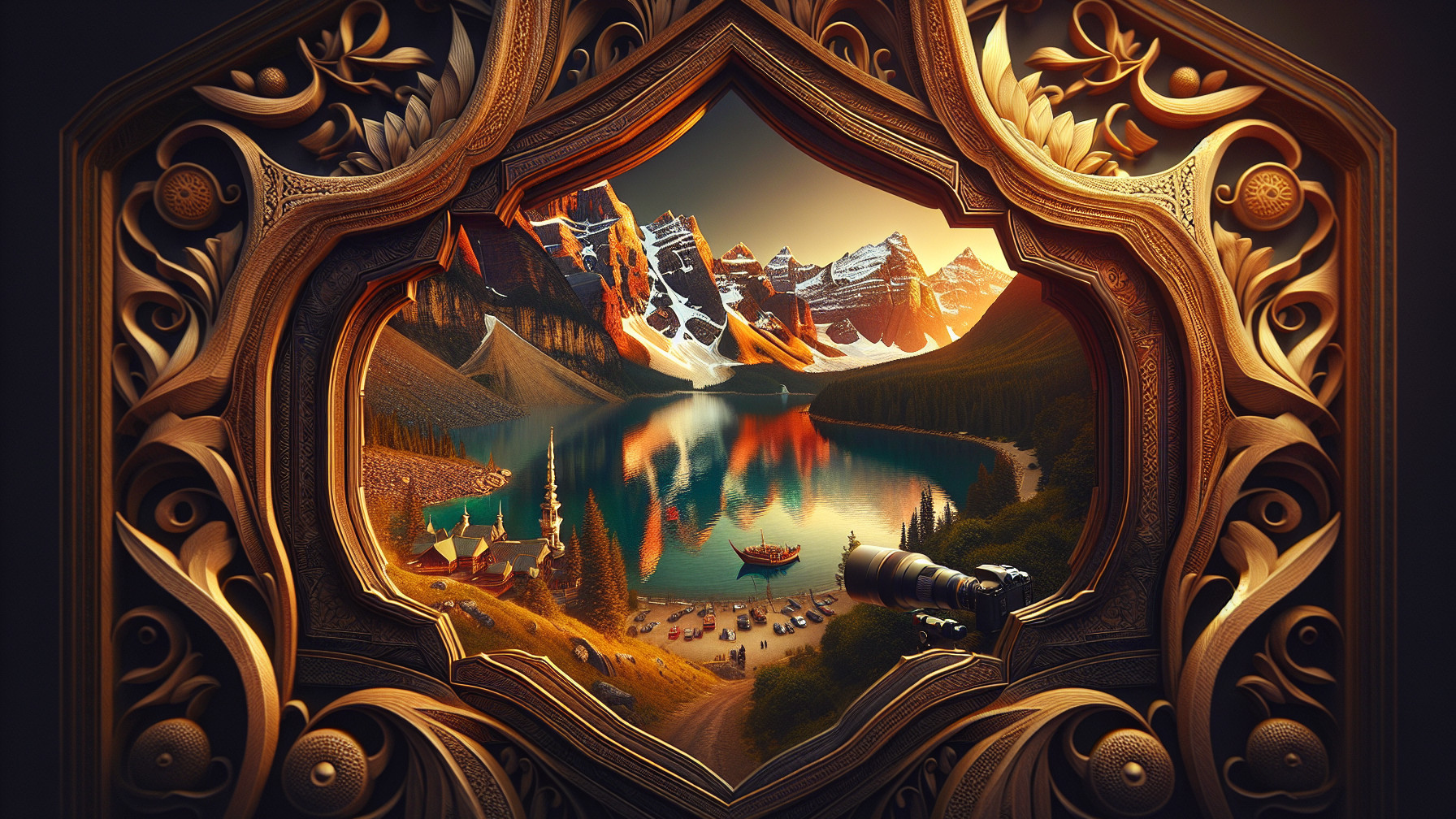 Ornate Frame Showcases Serene Mountain Landscape at Sunset