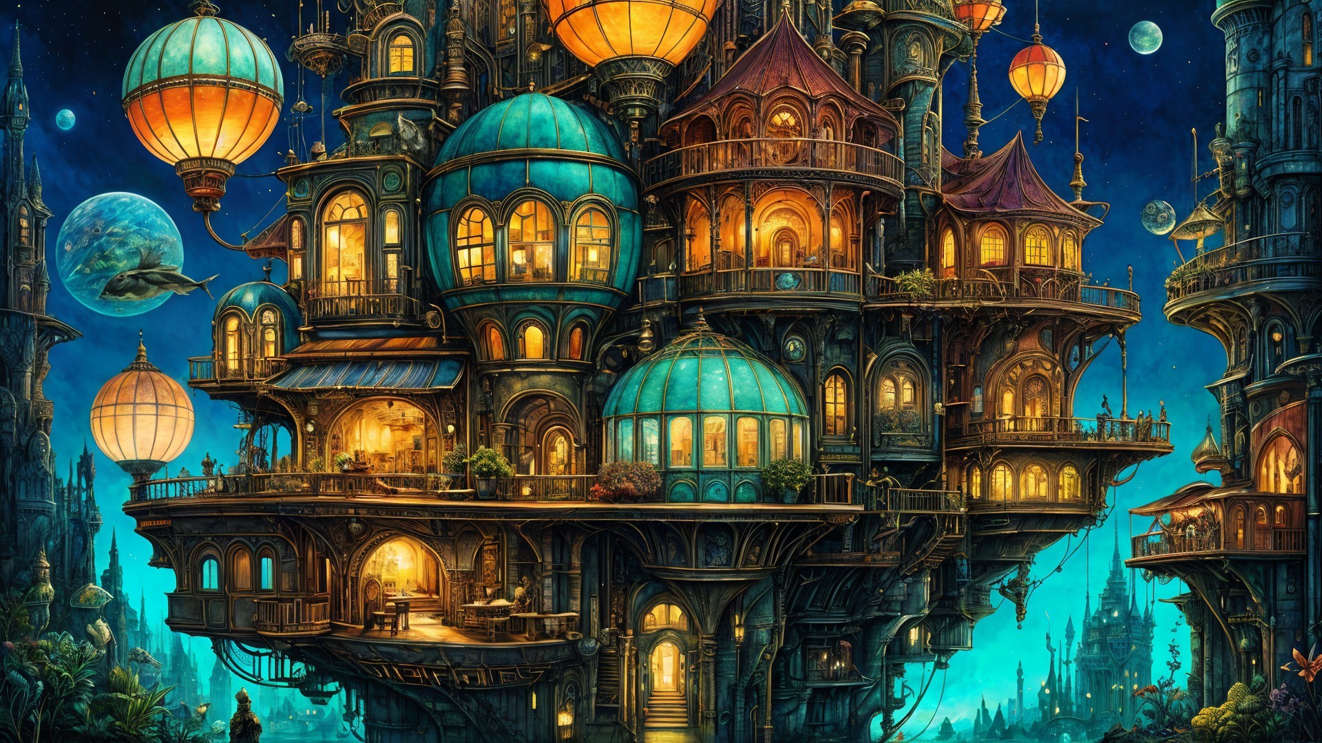 Floating City with Colorful Domes and Turrets