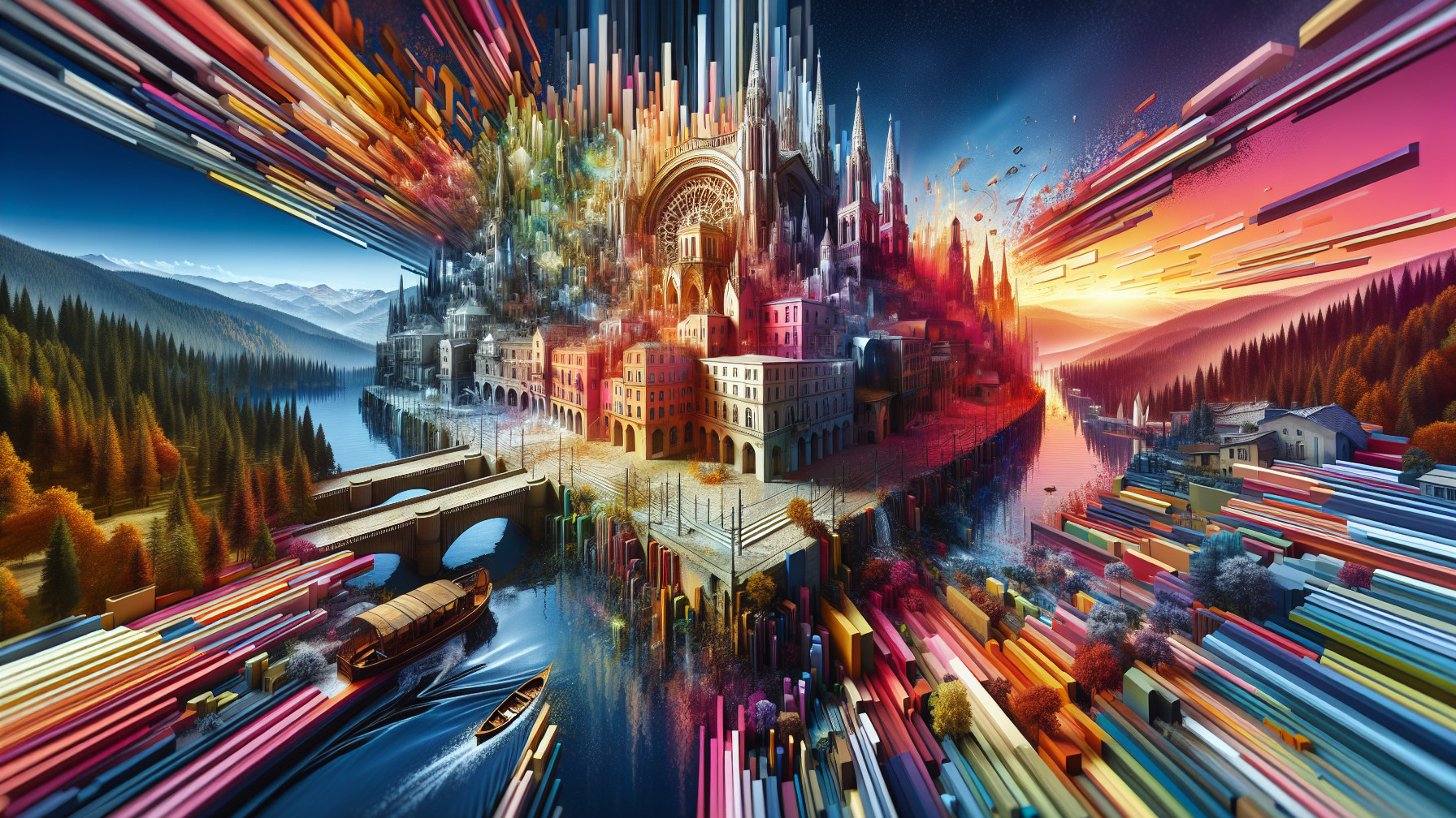 Surreal Landscape with Vibrant Cityscape and River
