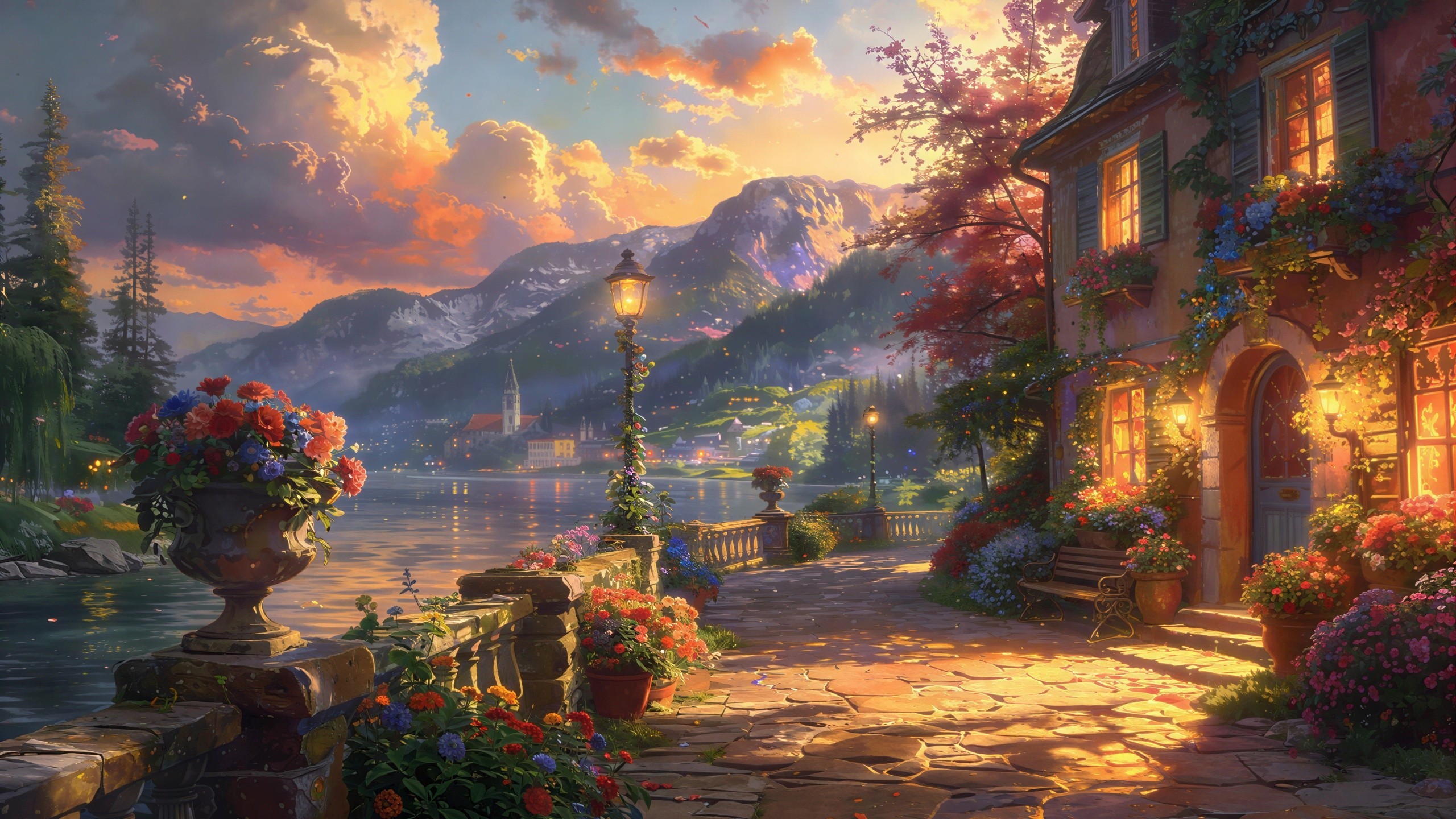 Impressionistic Painting of a Village by a Lake at Sunset