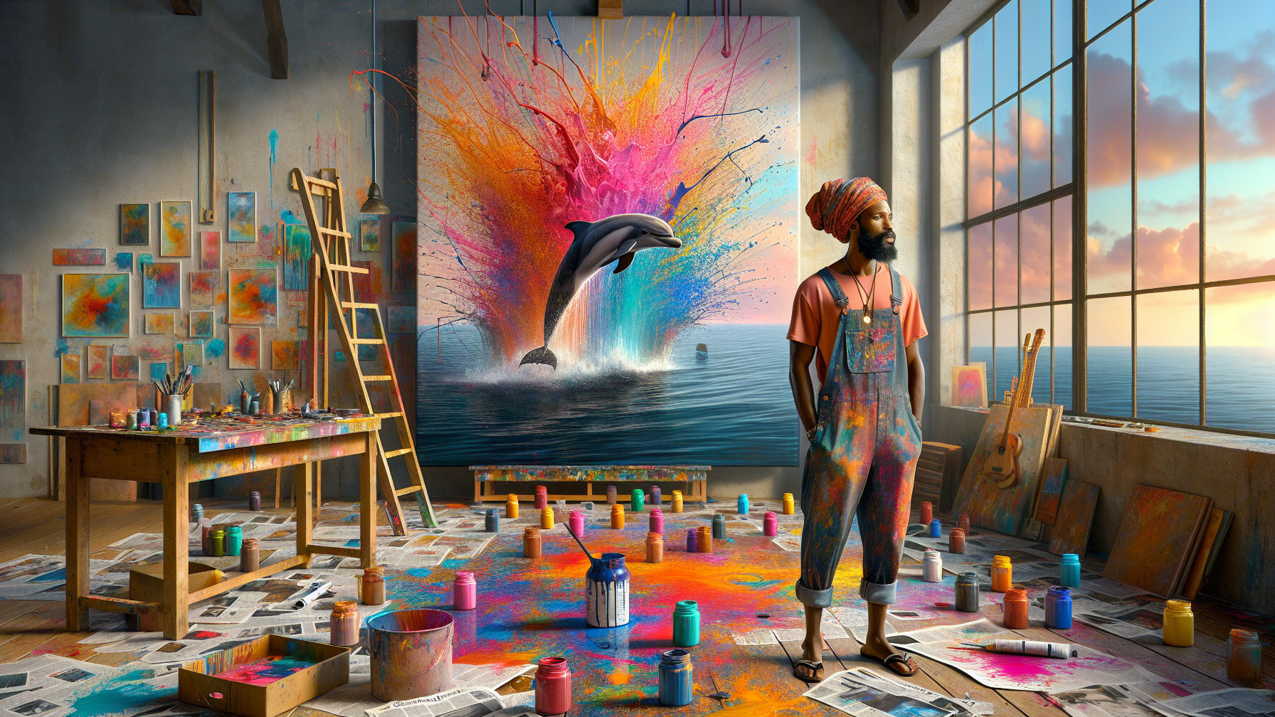Colorful Artist Studio with Dolphin Mural and Supplies