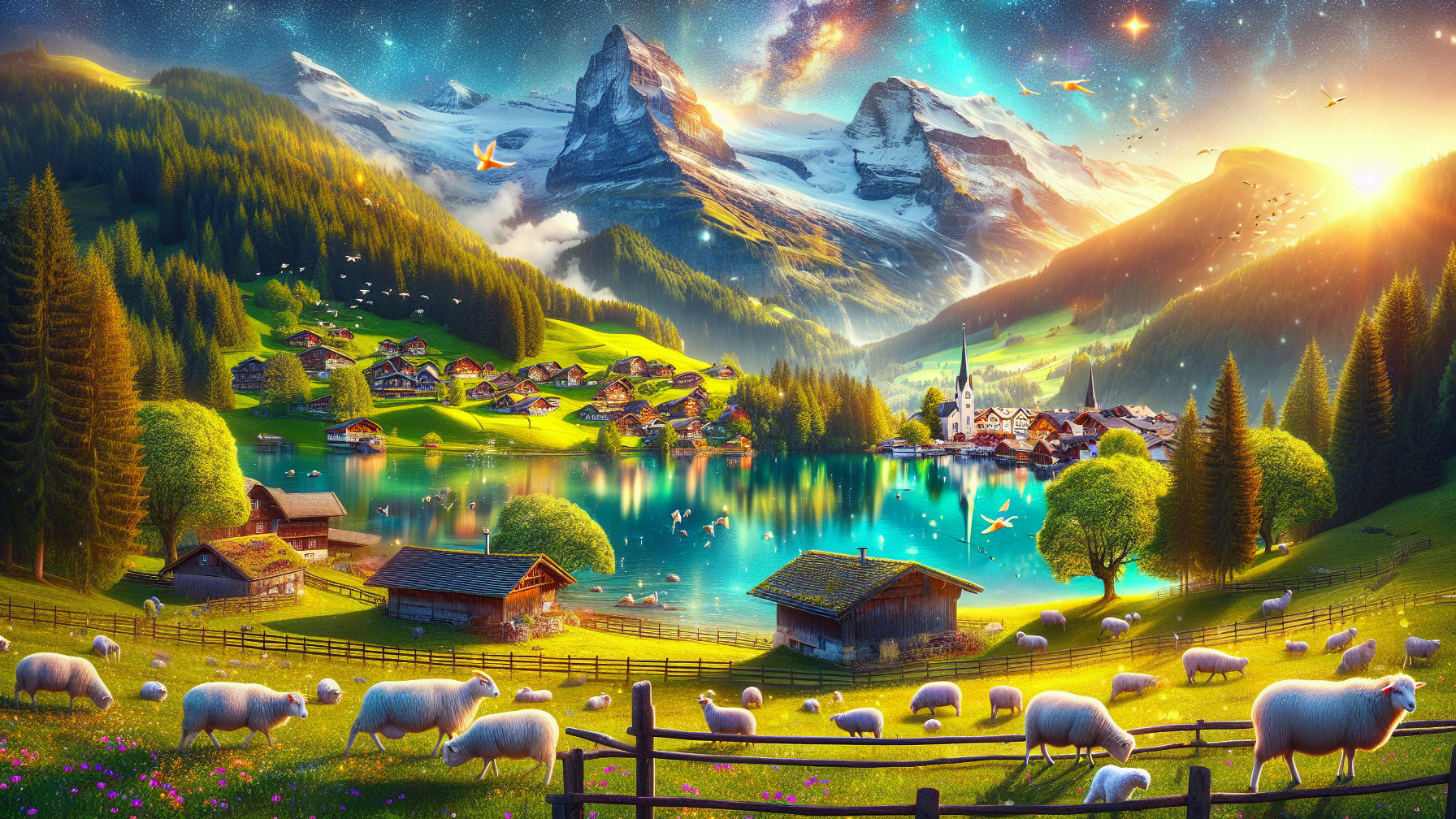 Serene Landscape with Hills, Cottages, and Lake