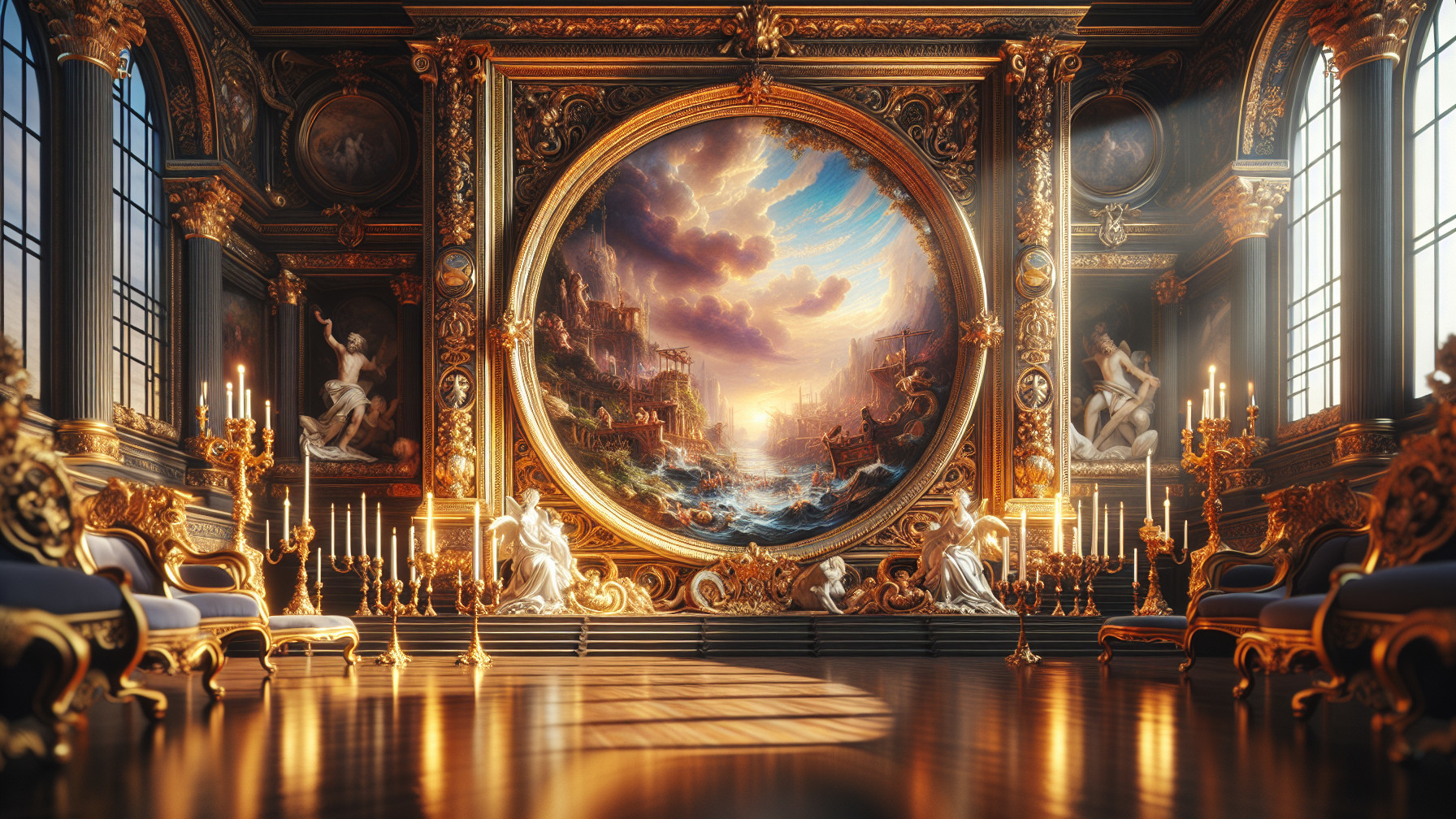 Opulent Interior with Seascape Painting and Statues