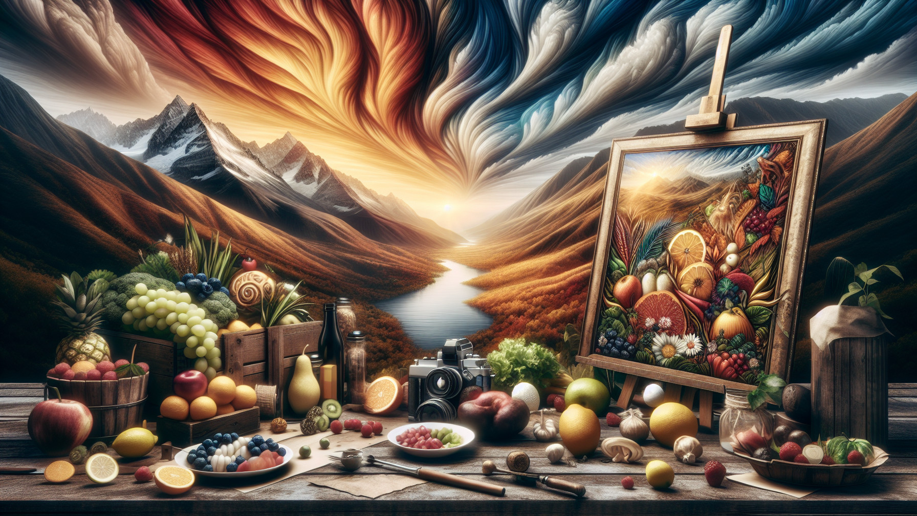 Vibrant Still Life with Fruits, Vegetables, and Landscape