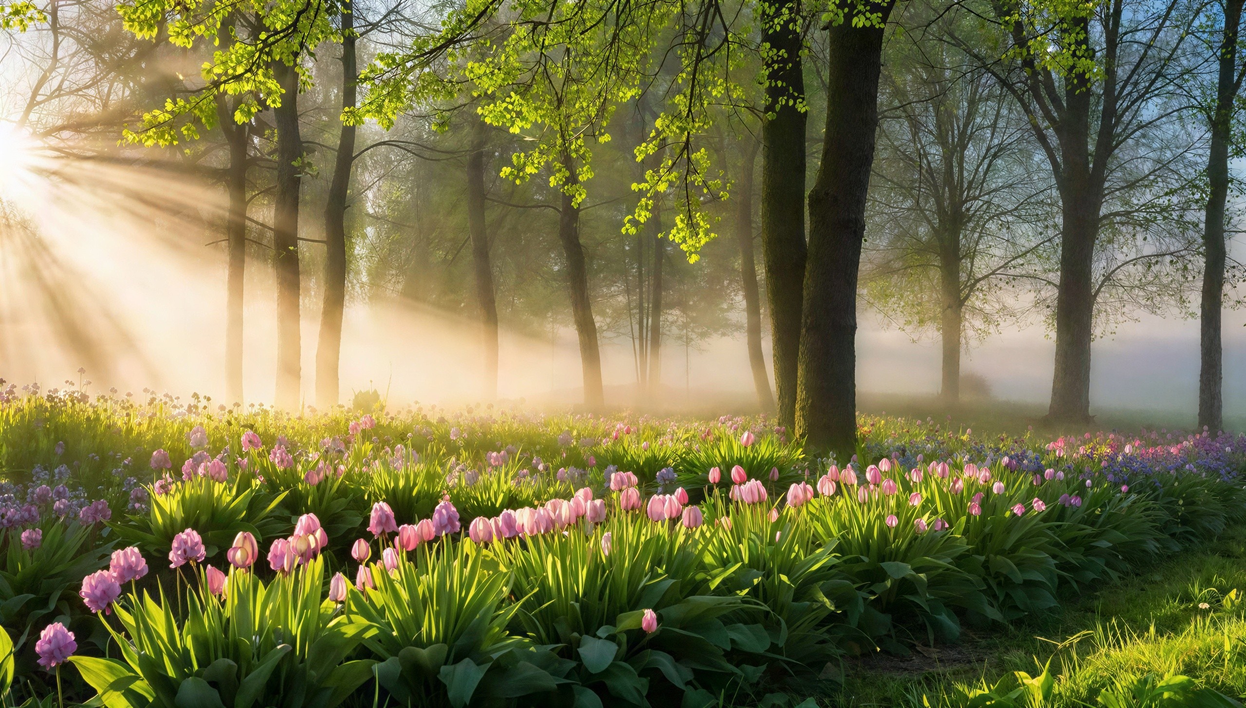 Springtime Forest Scene with Flowers and Sunlight