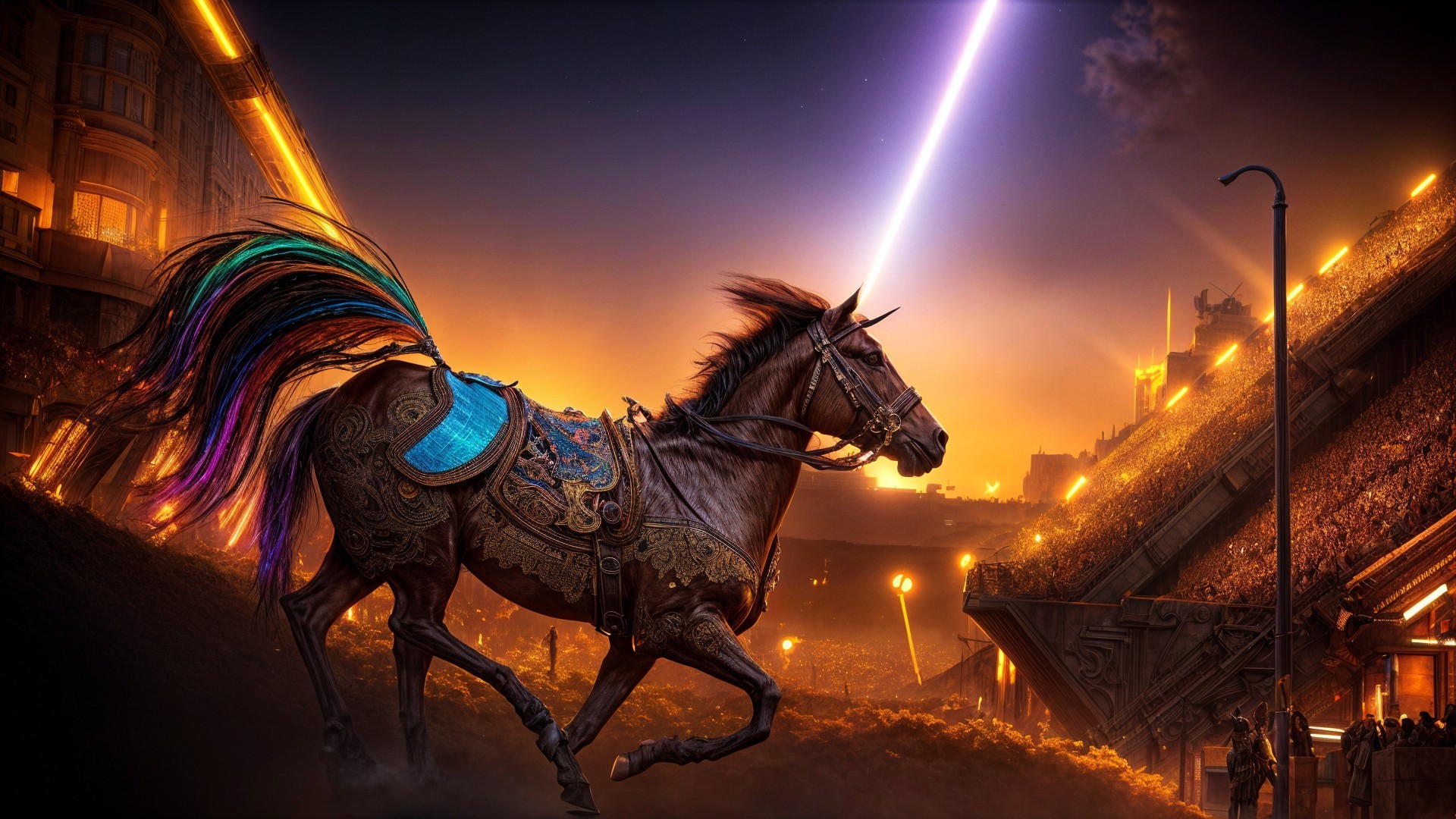 Majestic armored horse in a futuristic landscape