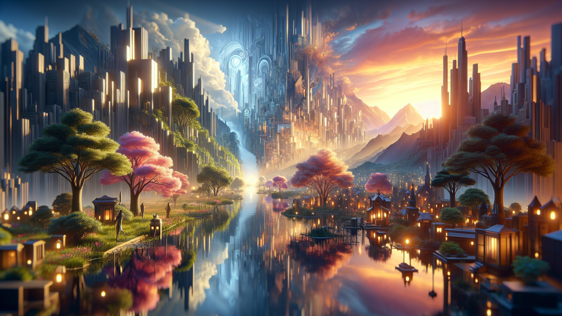 Futuristic cities divided by a river in a surreal landscape