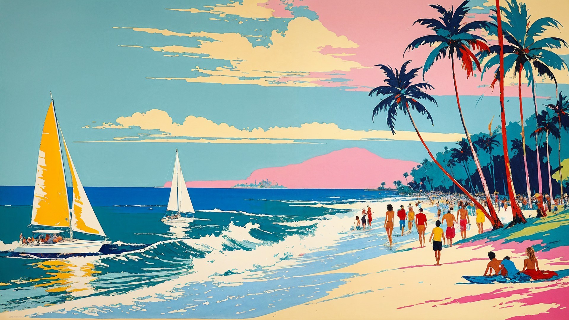 Vibrant Beach Scene with Sailboats and Palm Trees