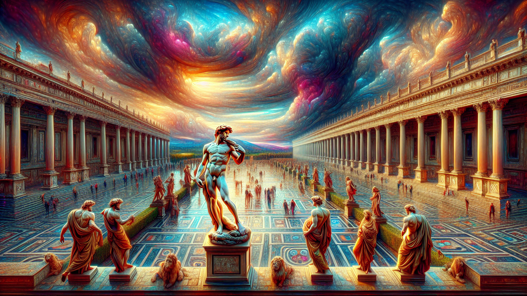 Surreal Classical Courtyard with Striking Statues