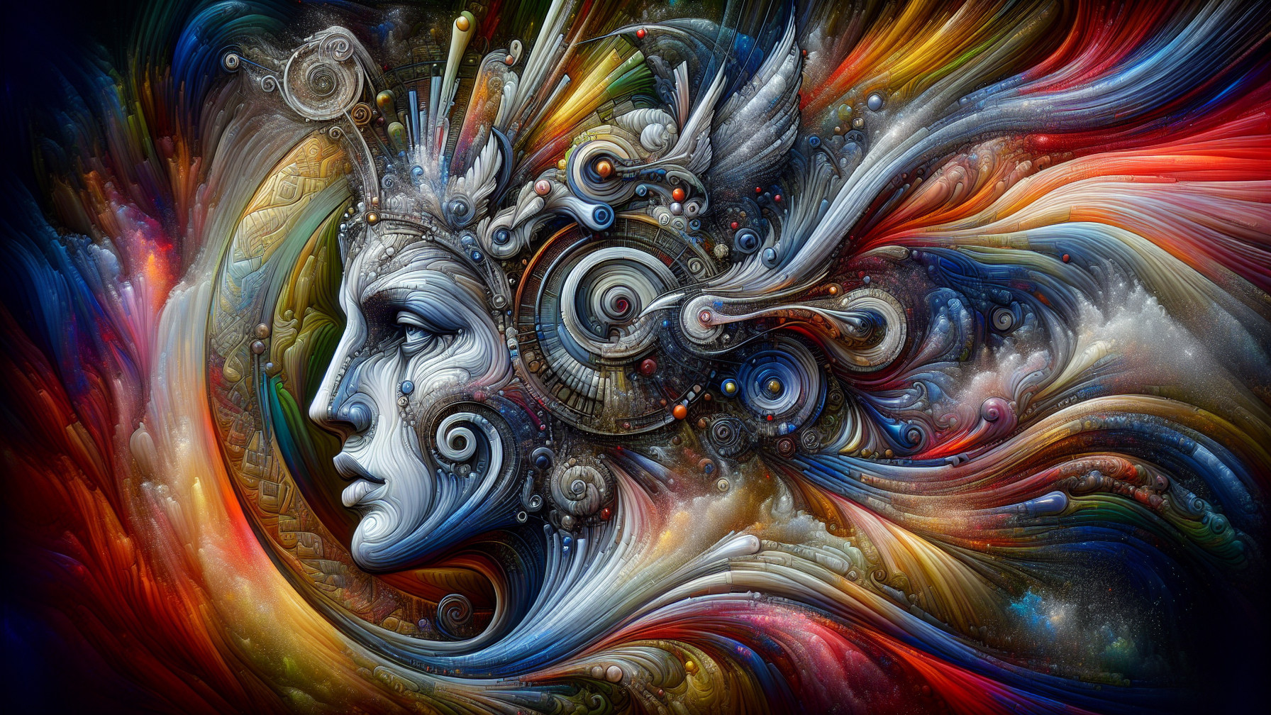 Stylized Female Face with Swirling Patterns and Colors