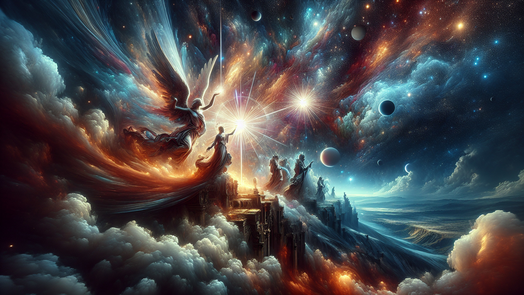 Vibrant Celestial Scene with Ethereal Figures and Stars