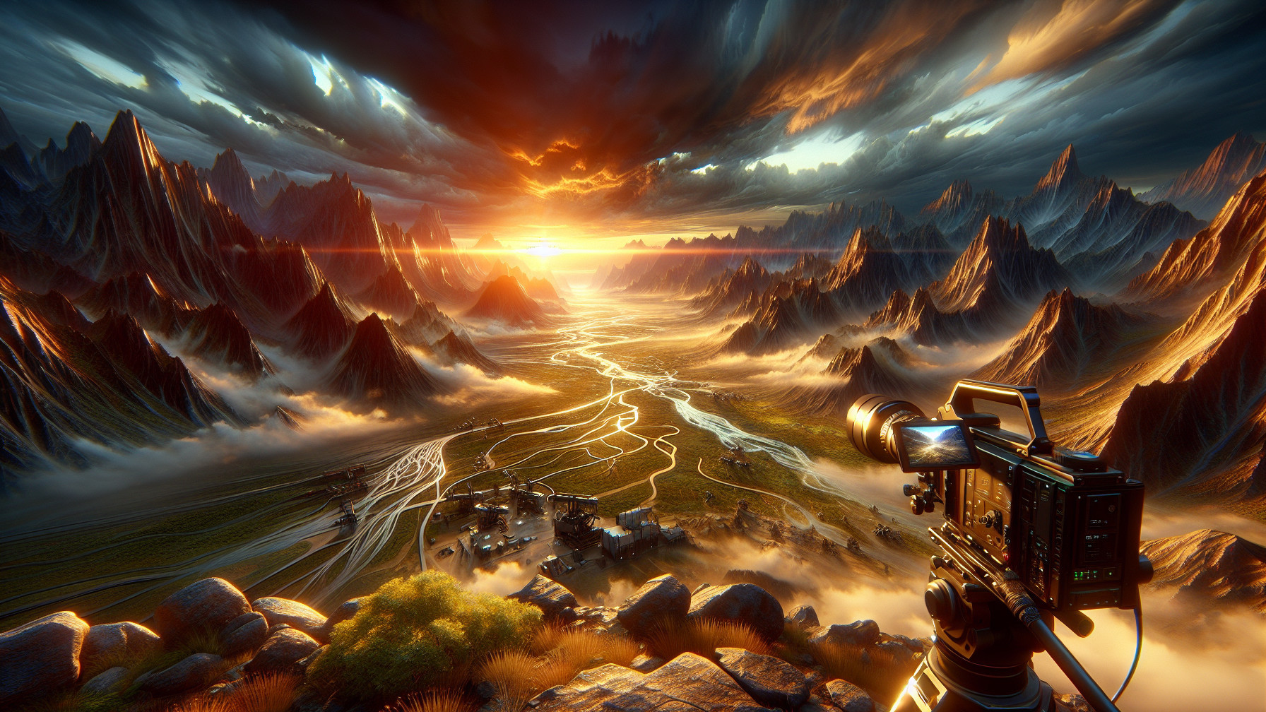 Dramatic Mountain Landscape at Sunset with Mist