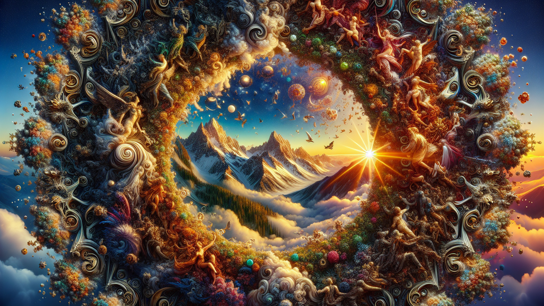 Surreal Landscape with Mountains and Dreamlike Elements