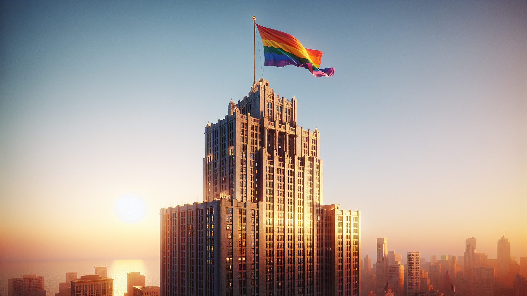 Skyline at Sunset with Rainbow Flag and Skyscrapers