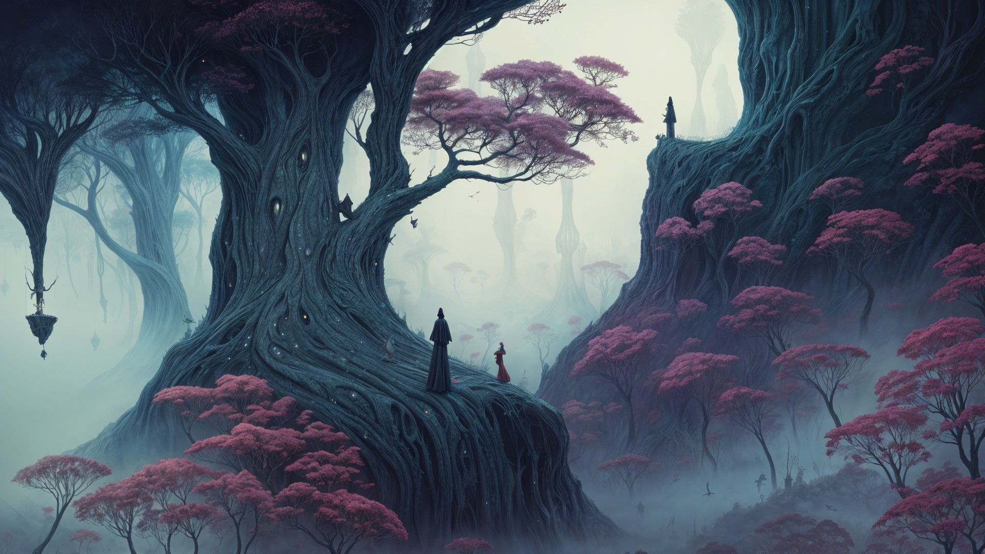 Mystical Landscape with Towering Trees and Fog