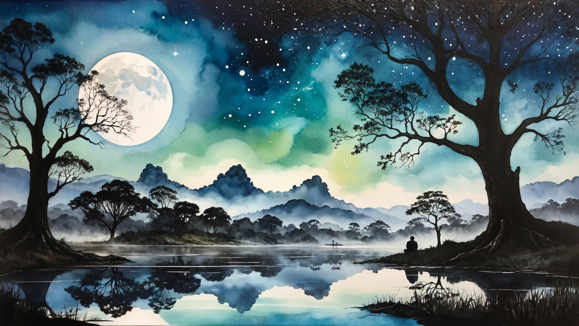 Tranquil Nighttime Landscape with Moon and Stars