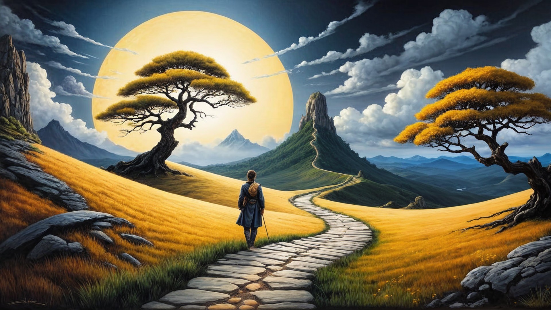 Lone Traveler on Winding Path Through Golden Fields
