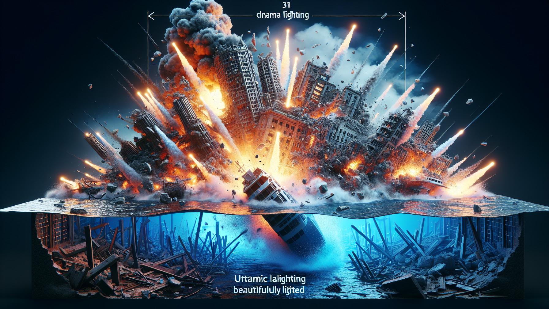 City Under Siege with Explosions and Turbulent Ocean