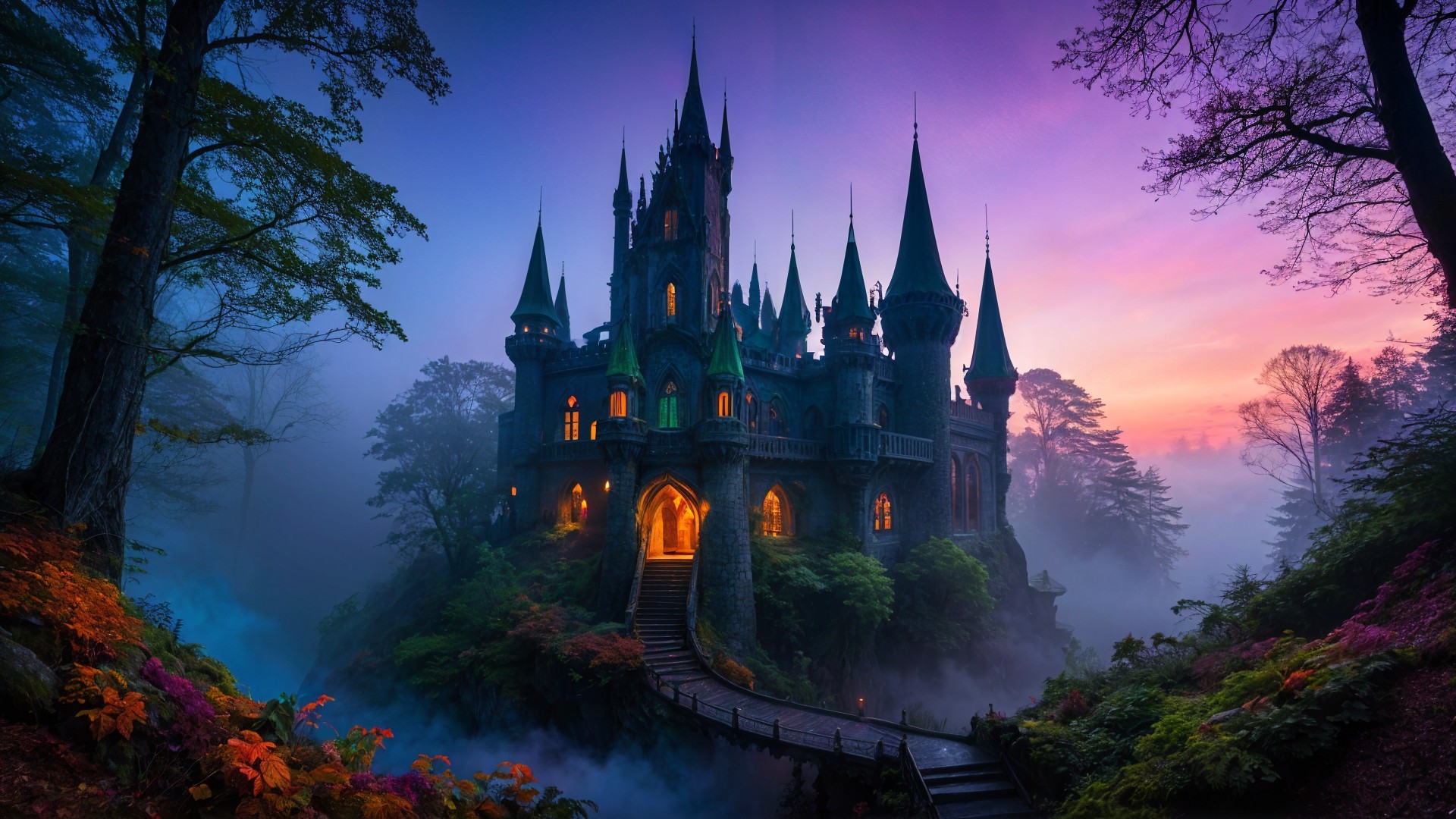 Majestic castle surrounded by mist and vibrant foliage