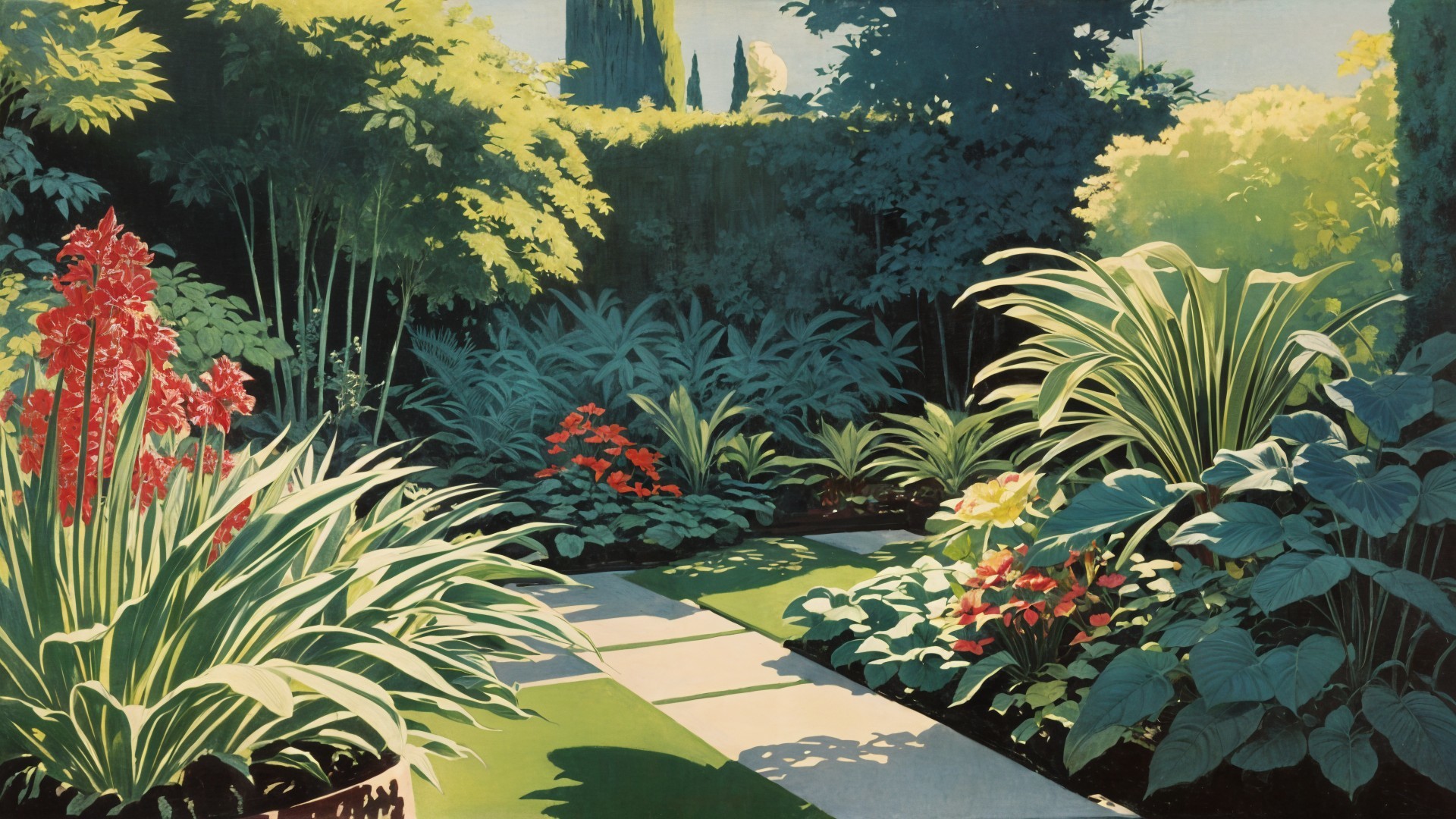 Lush Garden Scene with Colorful Flowers and Greenery
