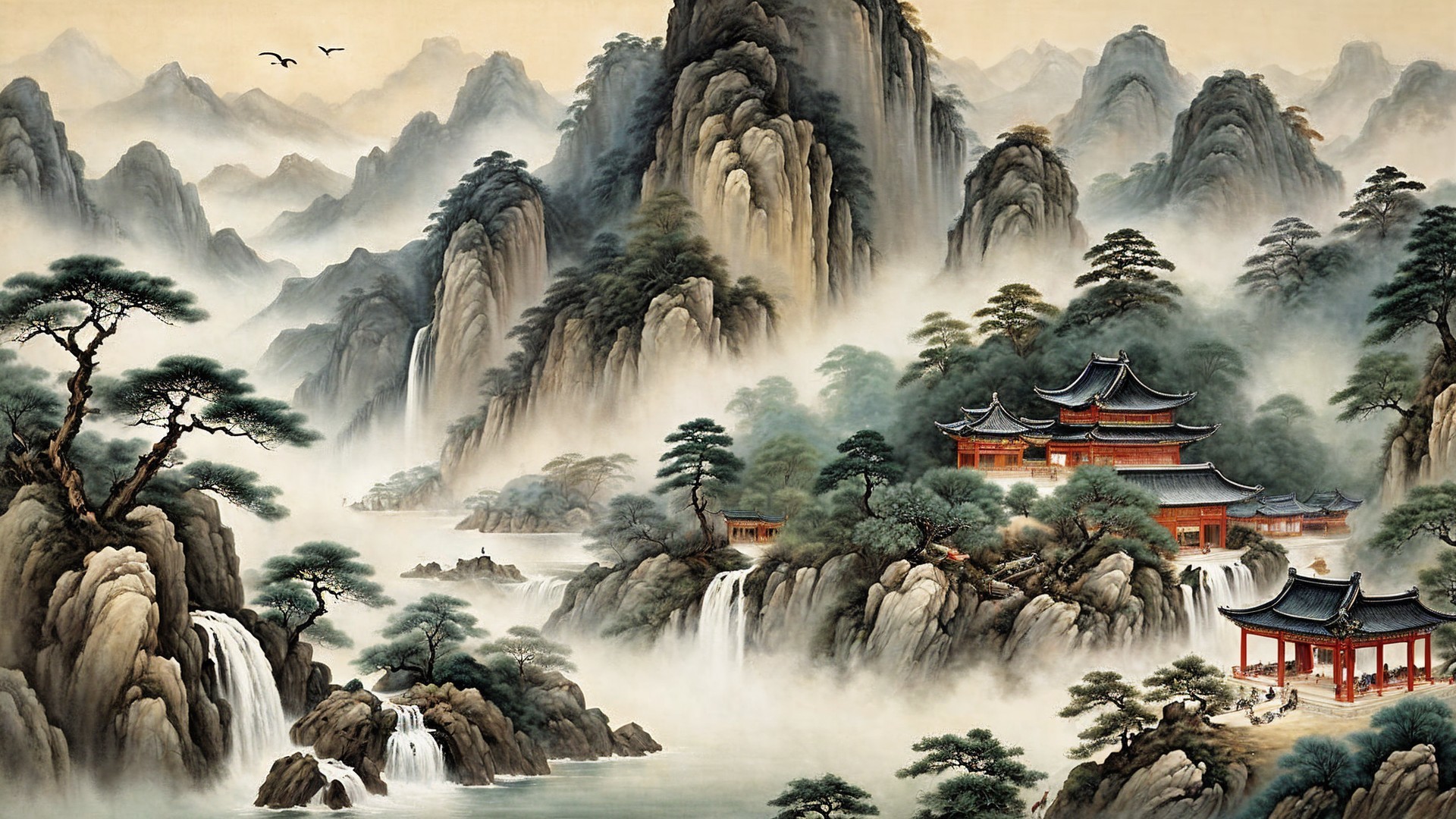 Serene Landscape with Mountains, Waterfalls, and Pagodas